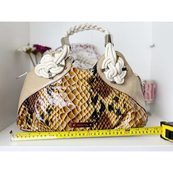 Cromia Genuine Tan Leather and Snakeskin Animal Print Hobo Purse Handbag - Picture 15 of 15